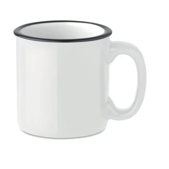 Cană vintage din ceramică albă cu margine și mâner negre capacitate 240 ml