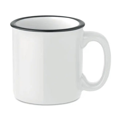 Cană vintage din ceramică albă cu margine și mâner negre capacitate 240 ml