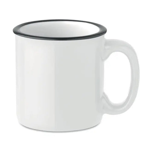 Cană vintage din ceramică albă cu margine și mâner negre capacitate 240 ml