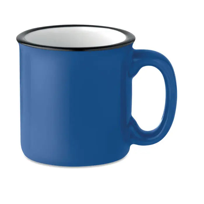 Cană vintage din ceramică de 240 ml albastră cu margine neagră și interior alb, perfectă pentru băuturi calde