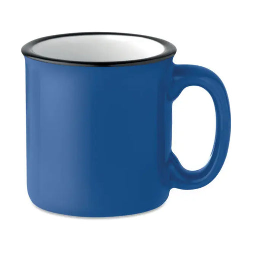 Cană vintage din ceramică de 240 ml albastră cu margine neagră și interior alb, perfectă pentru băuturi calde