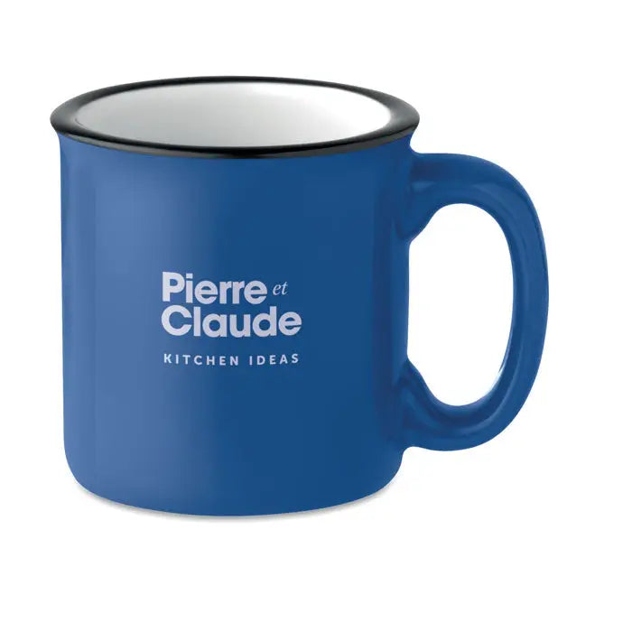 Cană vintage din ceramică 240 ml albastră cu rimă neagră și interior alb cu logo pierre et claude kitchen ideas alb
