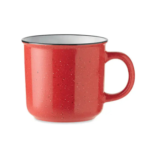Cană vintage din ceramică roșie cu pete și interior argintiu de 400 ml pentru camping