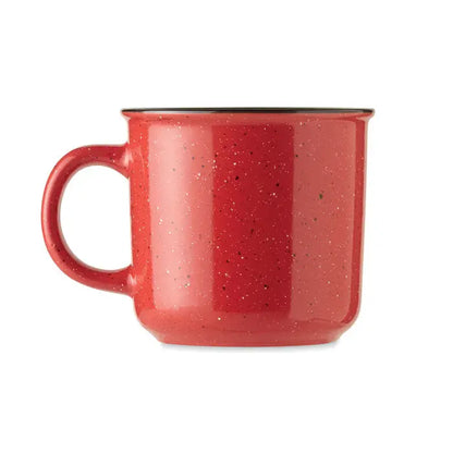 Cană vintage din ceramică 400 ml roșie cu pete și margine neagră pentru camping