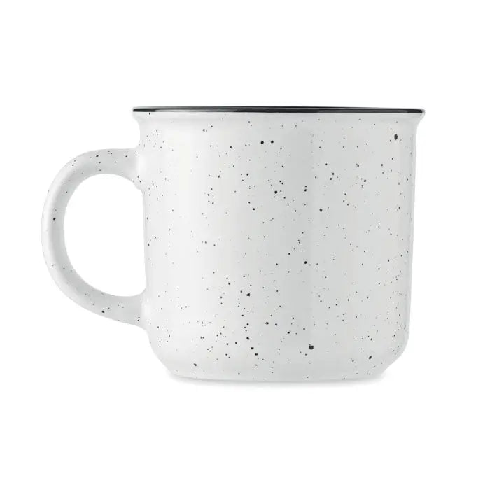 Cana vintage din ceramică 400 ml albă cu pete și margine neagră din email, ideală pentru băuturi calde