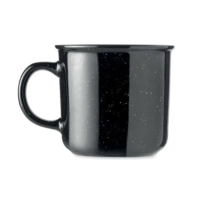 Cana vintage din ceramica 400 ml cu glazura neagra punctata si maner robust pentru bauturi calde