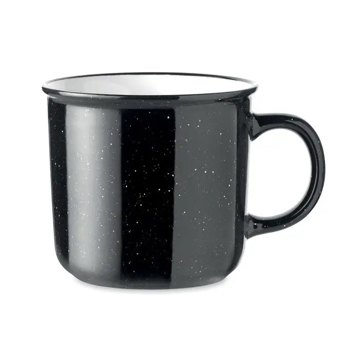 Cana vintage din ceramica 400 ml neagra cu pete, interior alb si toarta rezistenta pentru bauturi calde