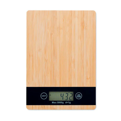 Cantar digital de bucatarie din bambus cu panou de control negru si afisaj aratand 432 grame