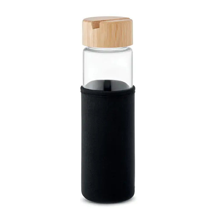 Sticlă de apă transparentă de 600ml cu capac din bambus și husă neoprén neagră capac din bambus sticlă sticlă 600ml