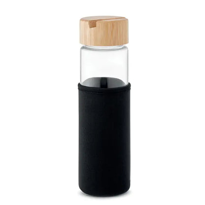 Sticlă de apă transparentă de 600ml cu capac din bambus și husă neoprén neagră capac din bambus sticlă sticlă 600ml