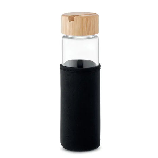Sticlă de apă transparentă de 600ml cu capac din bambus și husă neoprén neagră capac din bambus sticlă sticlă 600ml