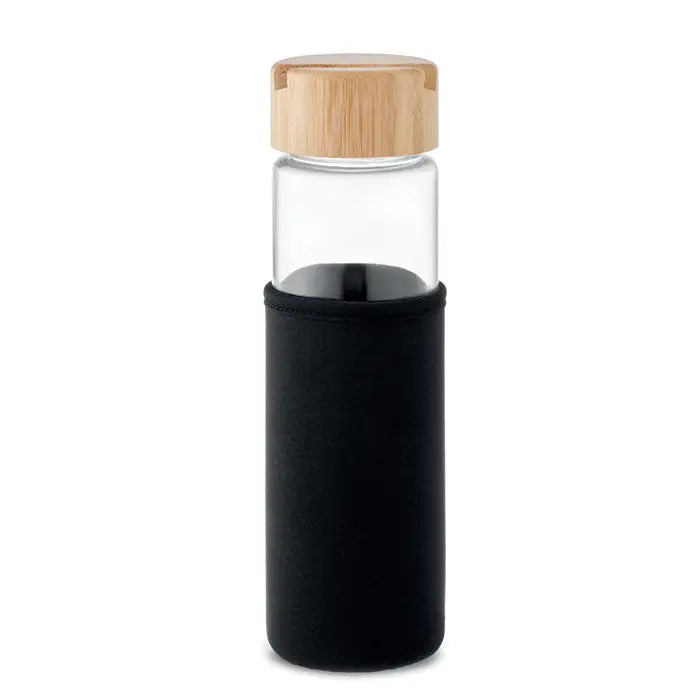 Sticlă transparentă de apă cu capac din bambus și mâneca neagră din silicon 600ml