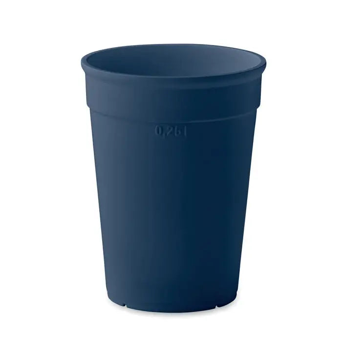 Dark blue pp plastic cup 250 ml with flared rim and embossed 0.25l capacity marking for precise measurement