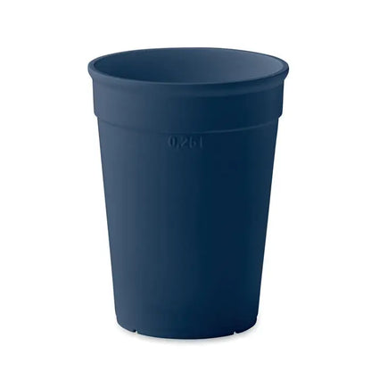 Dark blue pp plastic cup 250 ml with flared rim and embossed 0.25l capacity marking for precise measurement