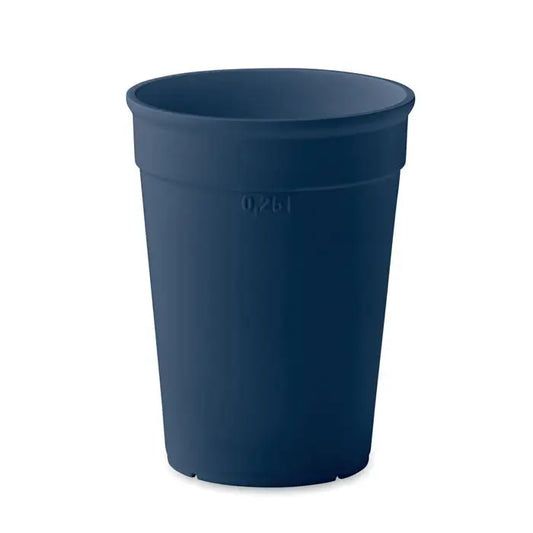 Dark blue pp plastic cup 250 ml with flared rim and embossed 0.25l capacity marking for precise measurement