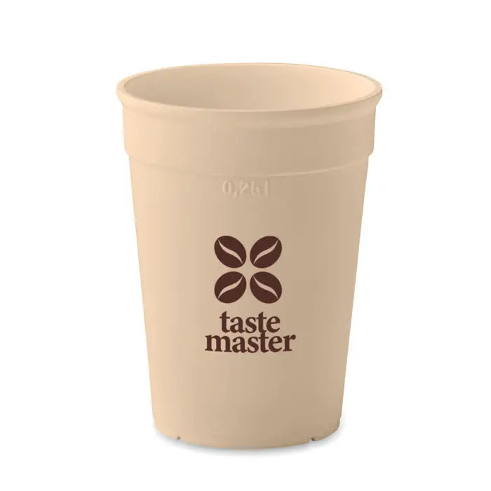 Beige cana din plastic pp de 250 ml cu sigla taste master si design cu boabe de cafea