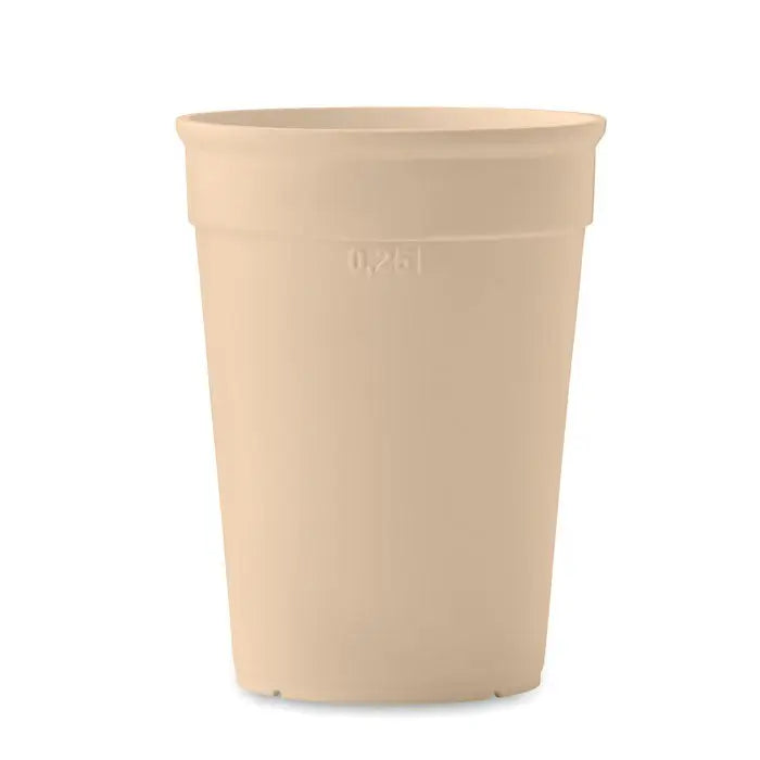 Ghiveci din plastic bej cu capacitate de 1,25 litri vazut din spate pentru capacitate cana pp 250 ml