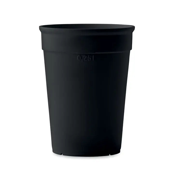 Capacitate cana pp 250 ml este un ghiveci negru din plastic cu finisaj mat si margine usor evazata