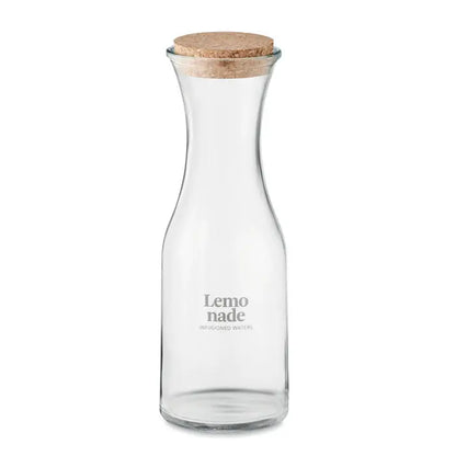 Carafa din sticla reciclata 1L clara cu dop natural de pluta si text gri lemonade infused waters pe o parte