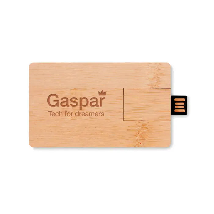 Carcasa din bambus usb de 16 gb maro deschis cu design dreptunghiular si logo gravat gaspar tech for dreamers