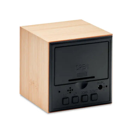 Carcasa din bambus pentru ceas deșteptător cu led, design cubic elegant cu panou negru și butoane gravate