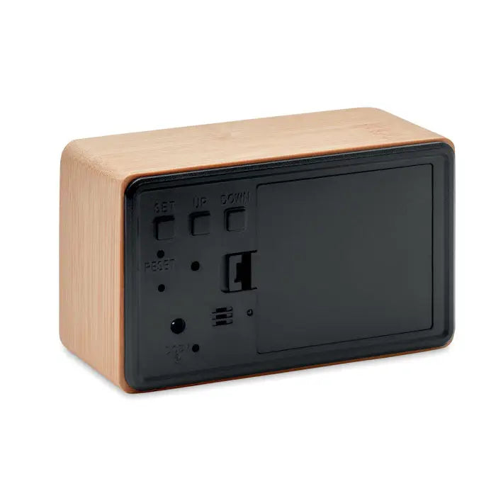 Partea din spate a unei carcase din bambus pentru ceas deșteptător cu led cu panou negru și butoane de control