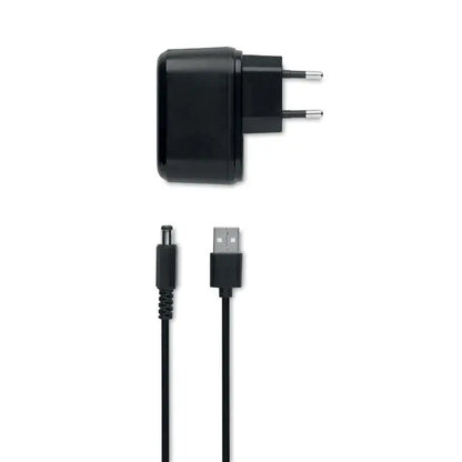 Incarcator de perete negru dreptunghiular cu stecher european si cablu usb-a la mufa barrel pentru carcasa bambus ceas deșteptător led