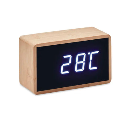 Carcasă din bambus pentru ceas deșteptător cu afișaj led albastru care indică 28°c