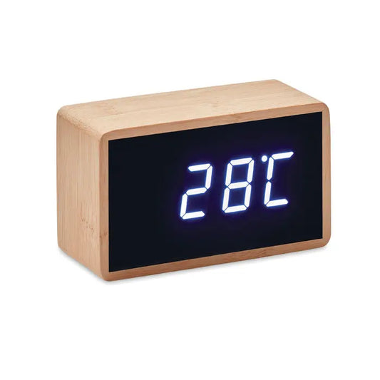Carcasă din bambus pentru ceas deșteptător cu afișaj led albastru care indică 28°c