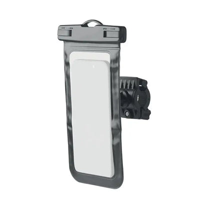Carcasa neagra impermeabila pentru telefon din pvc cu suport pentru bicicleta atasat, vazuta din spate