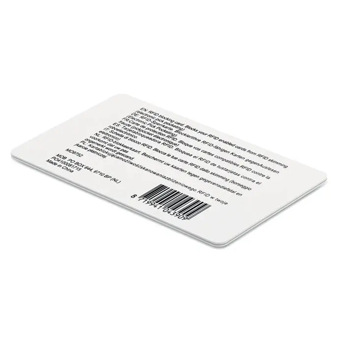 Card de blocare rfid alb dreptunghiular cu colturi rotunjite si text multilingv, cod de bare si detalii produs pe verso