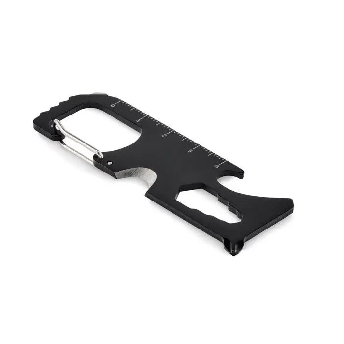 Card de buzunar cu mai multe instrumente negru, carabina metalica si rigla integrata pentru diverse utilizari