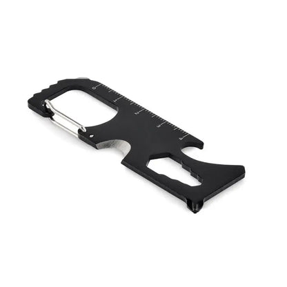 Card de buzunar cu mai multe instrumente negru, carabina metalica si rigla integrata pentru diverse utilizari
