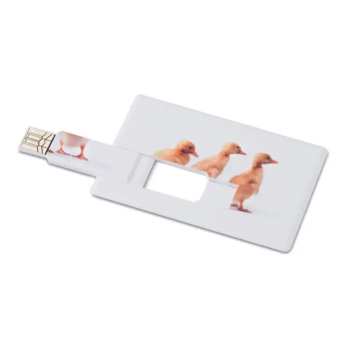 Card de credit usb flash de 32 gb alb cu imaginea imprimata a trei pui de rata portocalii in sir