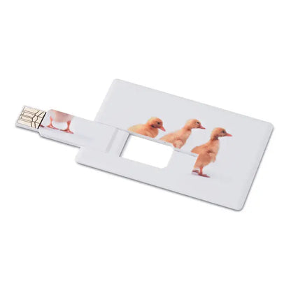 Card de credit usb flash de 32 gb alb cu imaginea imprimata a trei pui de rata portocalii in sir