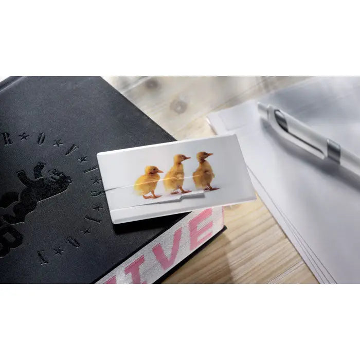 Suport alb de carduri de vizita cu imagine imprimata a trei ratuste galbene pentru card de credit si usb 4 gb
