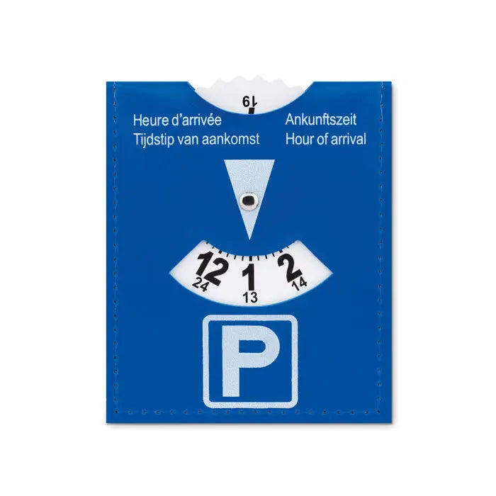 Card de parcare din pvc albastru cu afisaj timp sosire si cadran central pentru selectarea orei