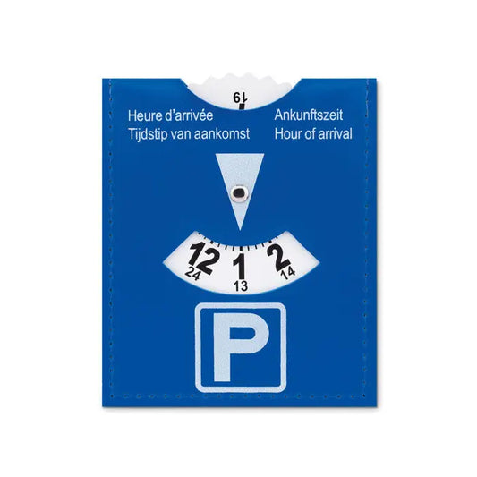 Card de parcare din pvc albastru cu afisaj timp sosire si cadran central pentru selectarea orei