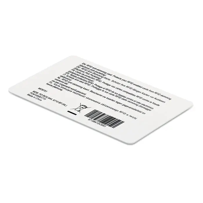 Card rfid anti-skimming alb dreptunghiular cu text multilingual imprimat si cod de bare pentru blocare rfid