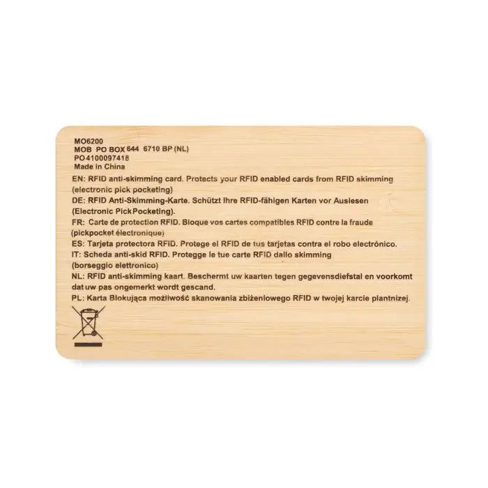 Card rfid din material bambus, culoare deschisa, anti-skimming, cu text gravat multilingv