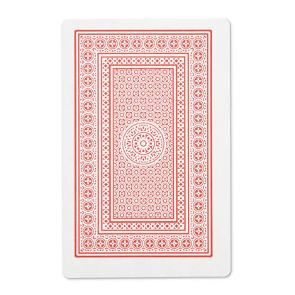 Un card de joc alb cu model geometric roșu circular pe spate în cutie de tablă