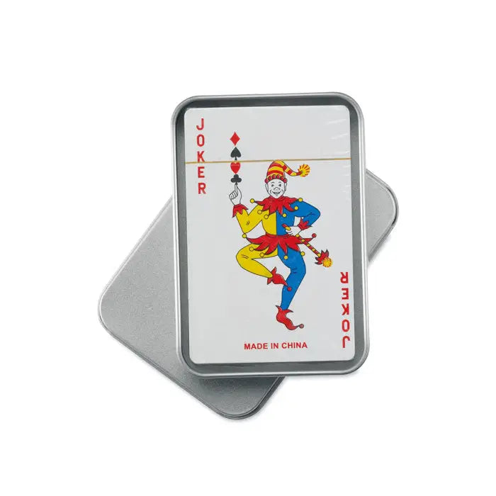 Cutie de tabla argintie dreptunghiulara cu design carti de joc joker colorat albastru galben rosu