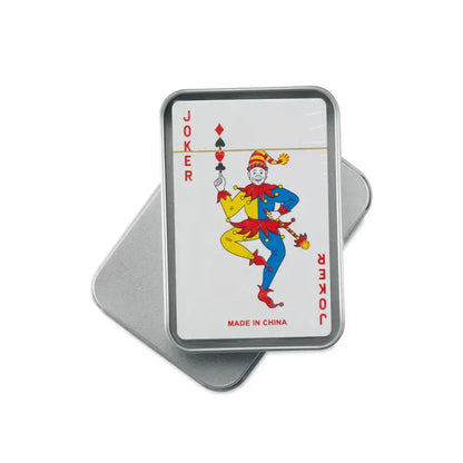 Cutie de tabla argintie dreptunghiulara cu design carti de joc joker colorat albastru galben rosu