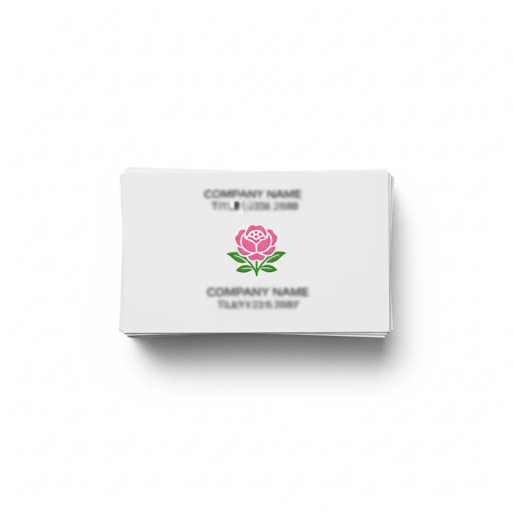 Cărți de vizită carton special personalizate, vedere de sus, fundal alb, logo floral vizibil, design CMYK roz-verde, format 85×55mm – AndorTipo