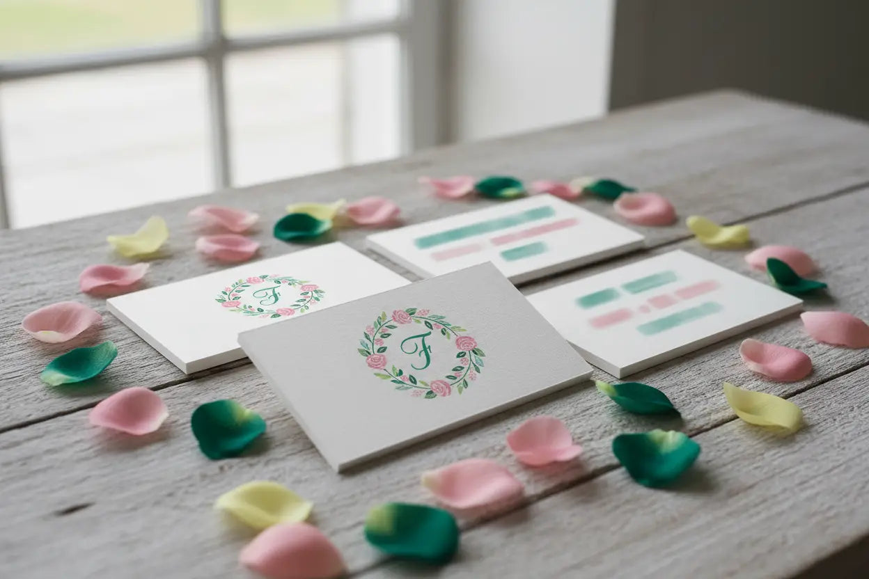 Cărți de vizită carton special texturat, logo floral vizibil, prezentare evantai pe fundal cu petale de flori, design CMYK roz-verde – AndorTipo