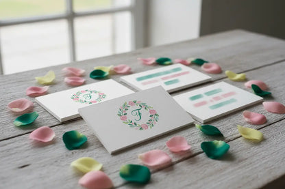 Cărți de vizită carton special texturat, logo floral vizibil, prezentare evantai pe fundal cu petale de flori, design CMYK roz-verde – AndorTipo