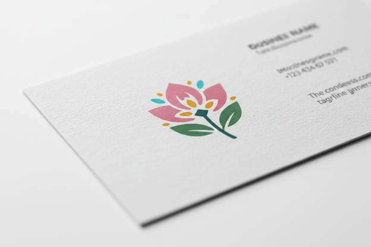Detaliu macro textură carton special cu logo floral în prim plan, text blurat, design CMYK roz-verde, finisaj premium – AndorTipo