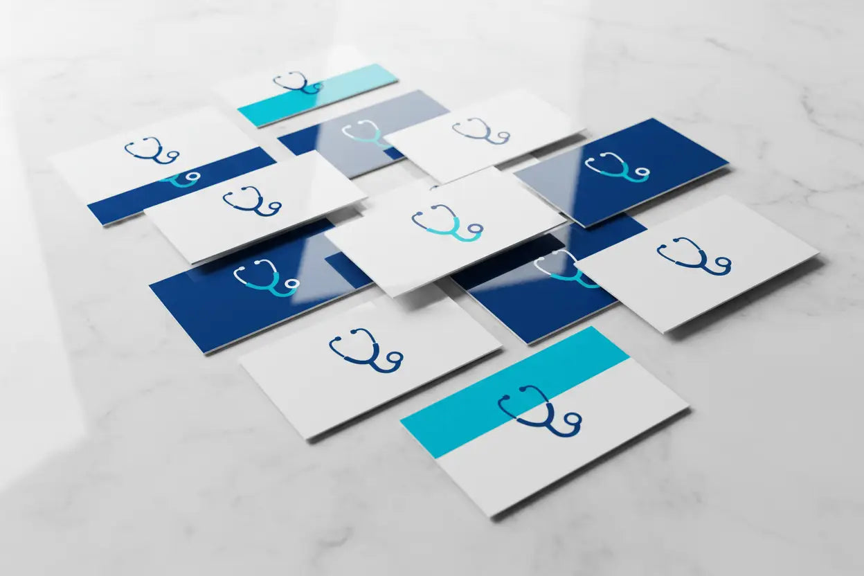 Cărți de vizită plastifiate pentru cabinet medical, finisaj lucios CMYK albastru-alb, prezentare evantai pe marmură albă – AndorTipo