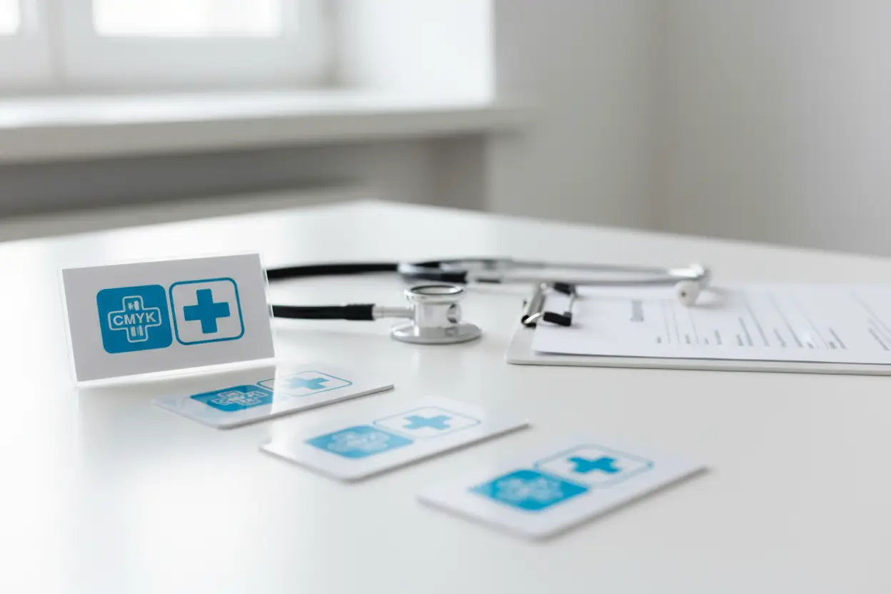 Cărți de vizită plastifiate pe birou de cabinet medical cu stetoscop și clipboard, finisaj lucios CMYK albastru-alb, lumină naturală – AndorTipo