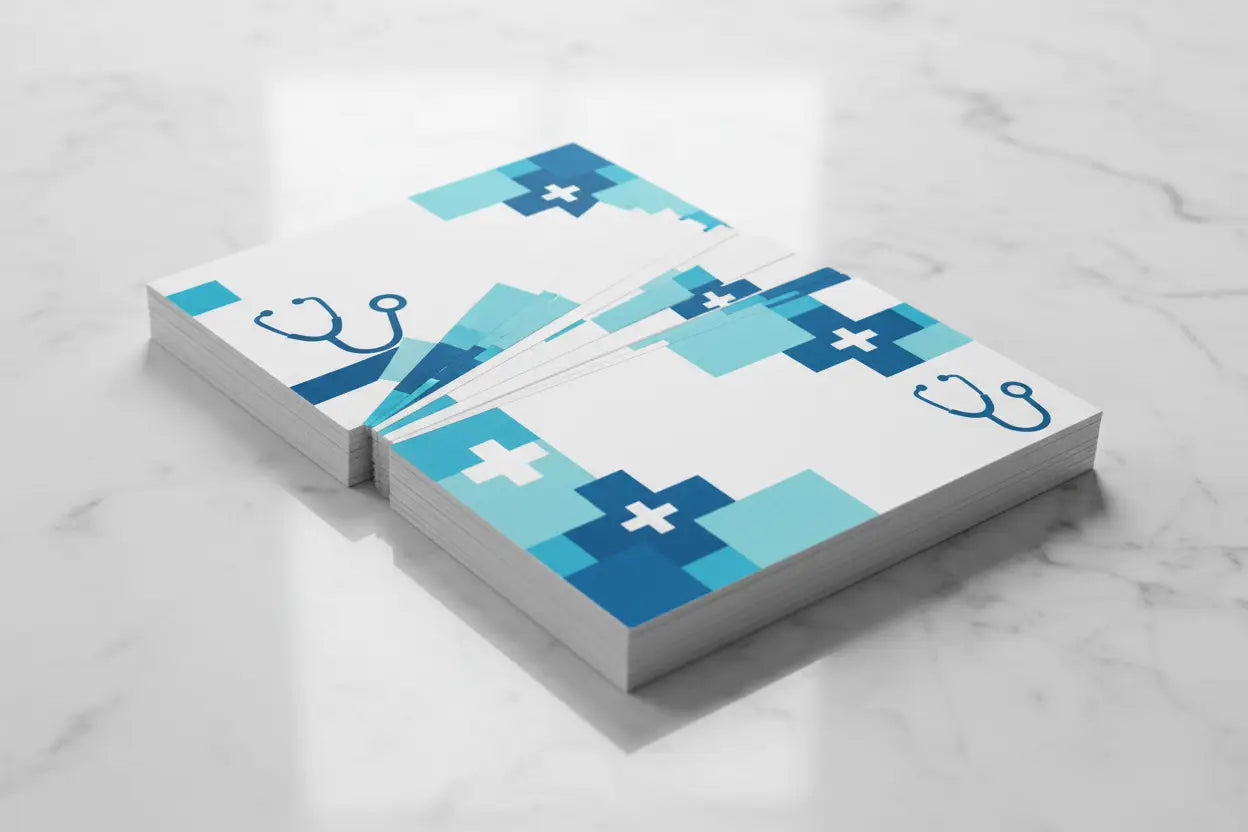 Cărți de vizită premium cu finisaj soft-touch pentru cabinet medical, design CMYK albastru-alb, prezentare evantai pe marmură albă – AndorTipo